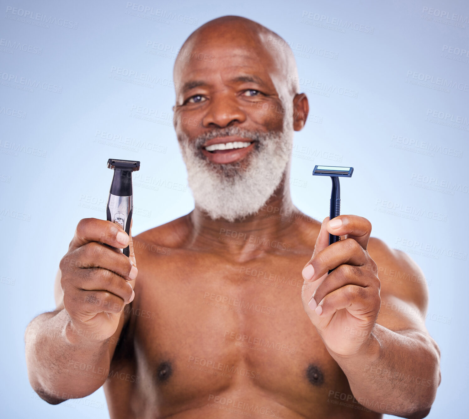 Buy stock photo Portrait, black man and beard with razor for hair removal, grooming and selfcare on blue background. Choice, products and electric tool for cosmetic treatment for person, facial hygiene or equipment