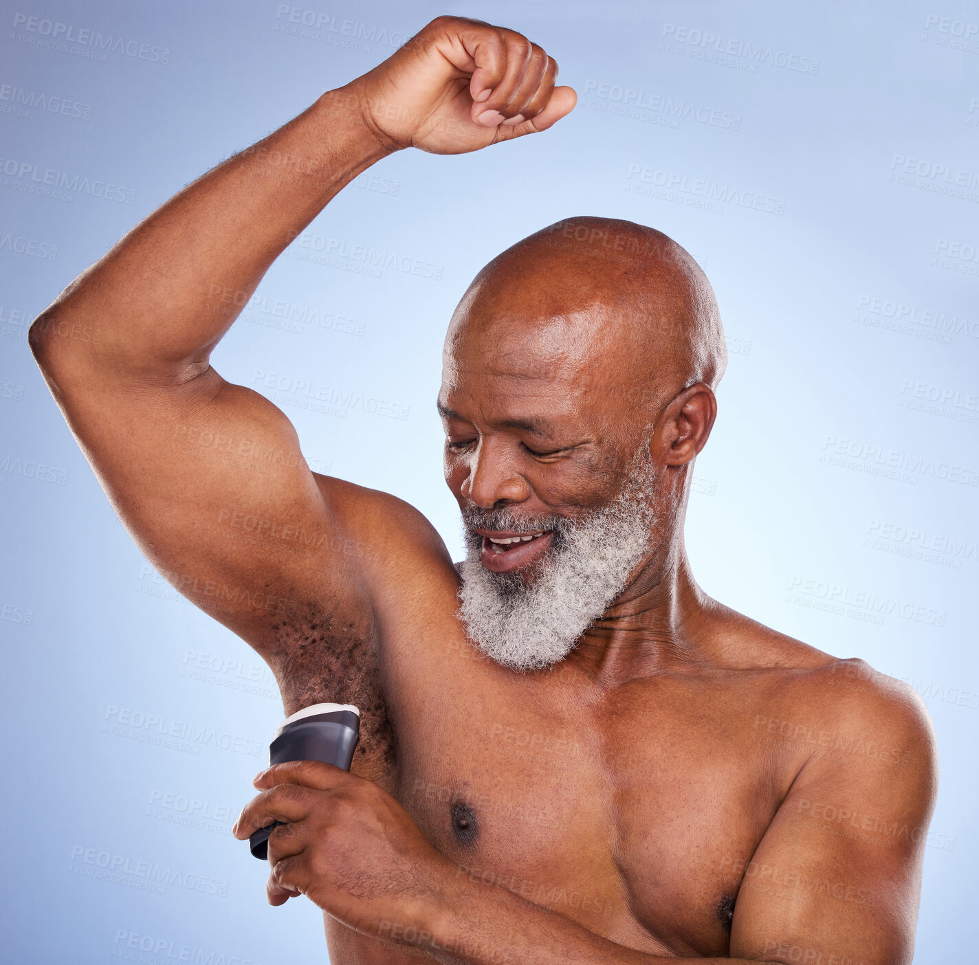 Buy stock photo Morning, armpit and deodorant for black man, odor and protection of body, smile and studio. White background, happy and mature person with product for grooming, hygiene and routine with skincare