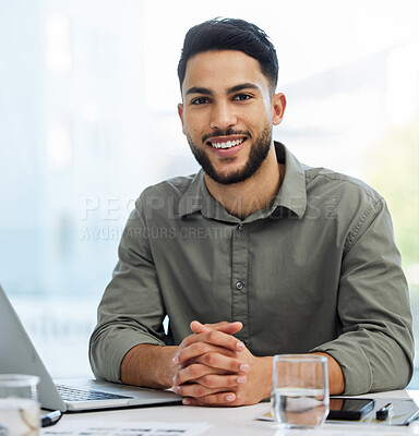 Buy stock photo Smile, laptop and happy businessman in office, email and online for planning and deadline. Technology, computer and professional web designer, internet and research with portrait for male person 
