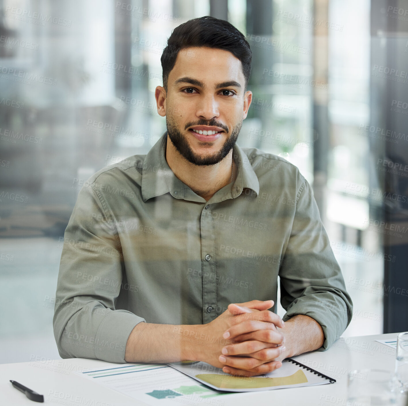 Buy stock photo Portrait, man and smile or confident in office for career or job growth and professional. Employee, happy and satisfied with pride as accountant with file or folder and paperwork with company bills