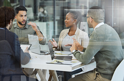 Buy stock photo Meeting, collaboration and business people in discussion in the office while working together. Teamwork, planning and group of employees brainstorming with technology for a project in the workplace.