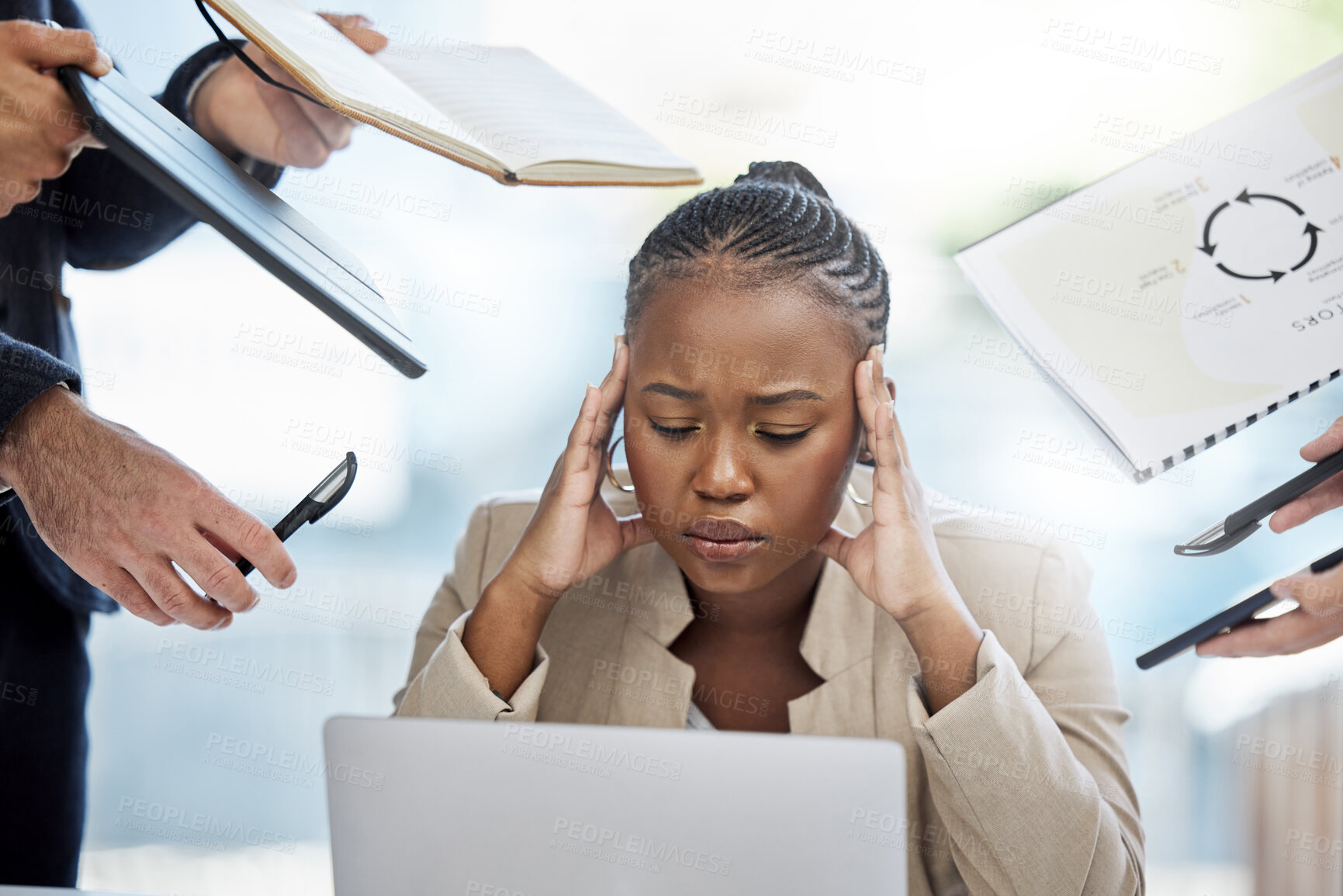 Buy stock photo Headache, business and black woman with stress for chaos, burnout and anxiety for project deadline in office. African worker girl, crisis and overwhelm with multitasking and frustrated with documents