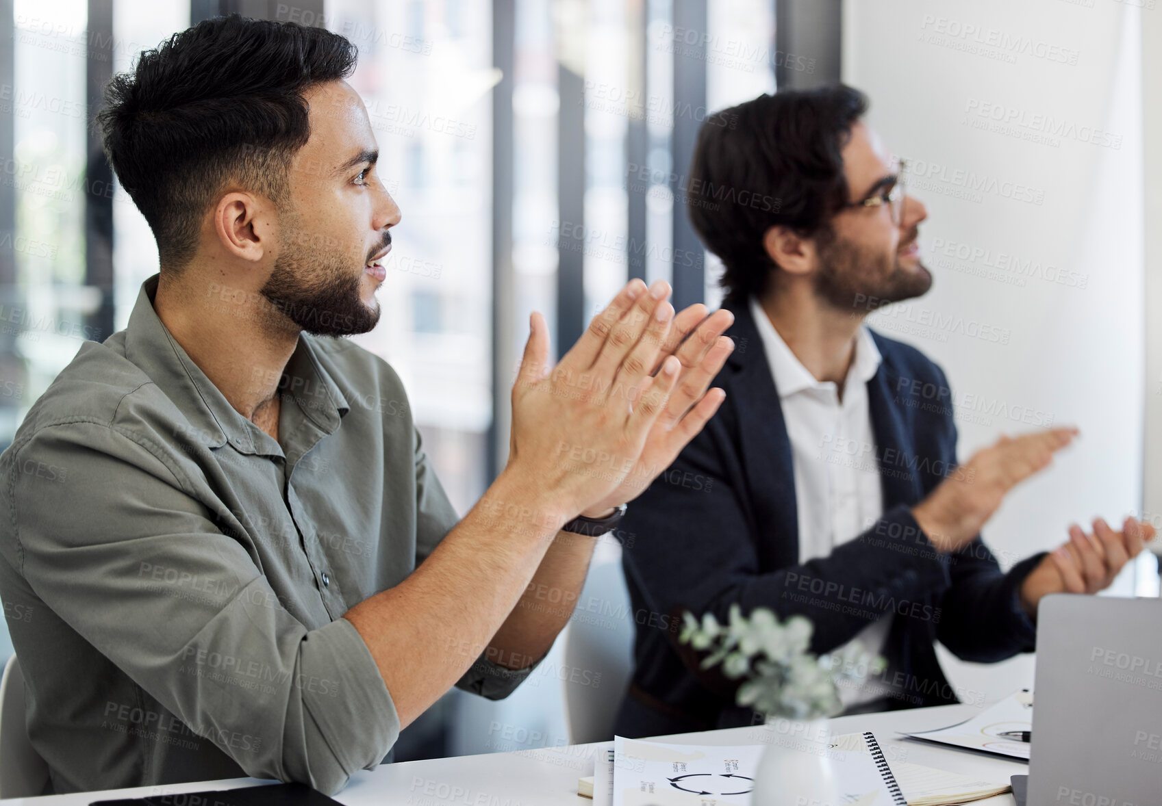 Buy stock photo Meeting, applause and business people in office for project success, winning award and achievement of goals. Staff, celebration and men clapping for victory with bonus promotion and positive feedback