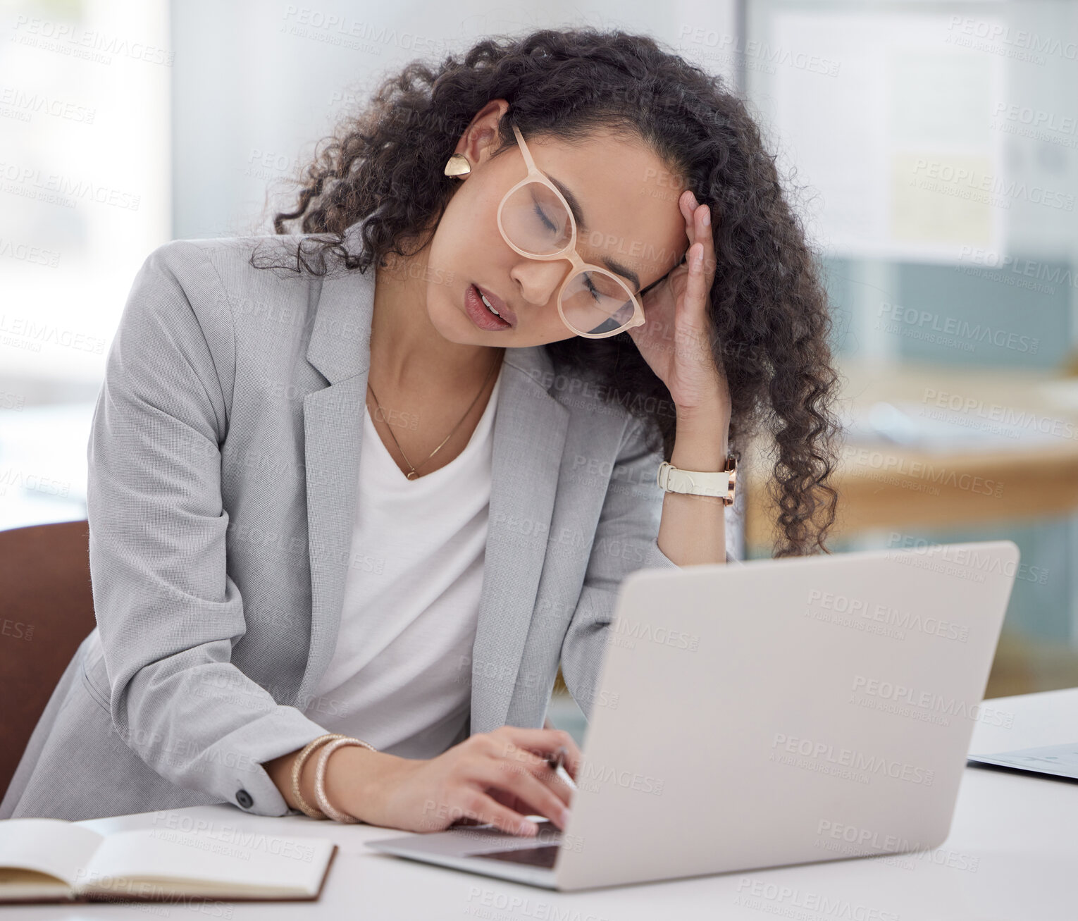 Buy stock photo Office, laptop and business woman with headache, burnout and overworked as content writer. Workspace, female journalist and computer for deadline of political article, copywriting and online blog