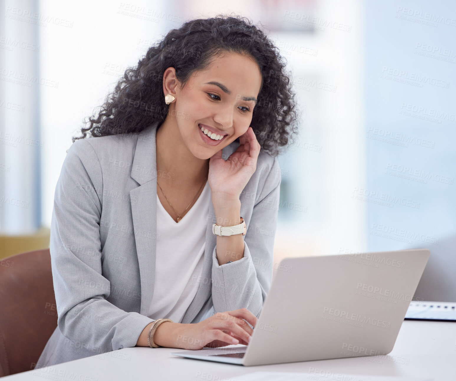 Buy stock photo Office, business woman and computer for good news, reading and editor promotion with happiness. Celebration, female journalist or content writer with laptop for winning, achievement and excited