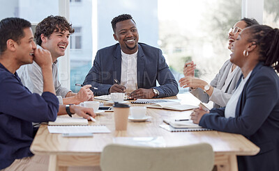 Buy stock photo Together, business people and meeting in office with laugh, comedy and share funny memories. Workplace, boardroom and corporate team with conversation, happiness and collaboration with confidence