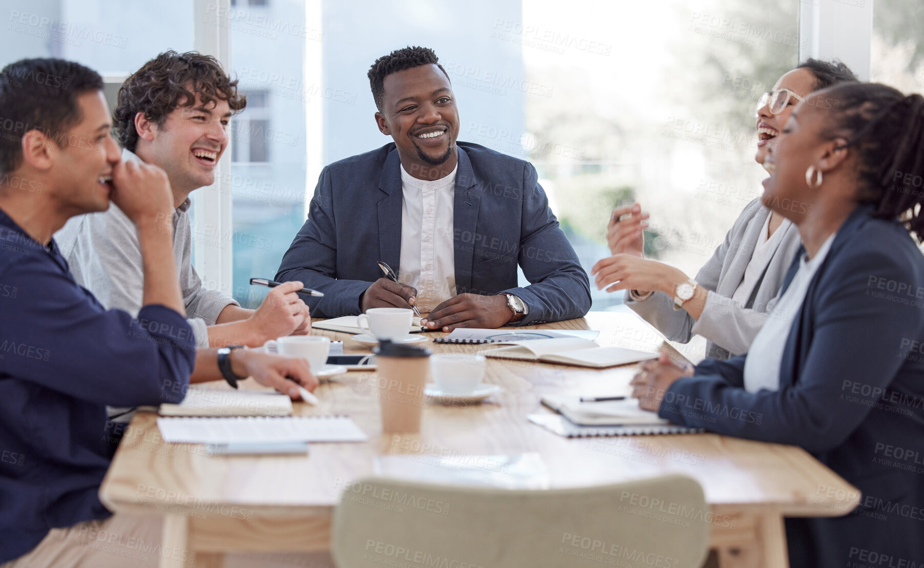 Buy stock photo Together, business people and meeting in office with laugh, comedy and share funny memories. Workplace, boardroom and corporate team with conversation, happiness and collaboration with confidence