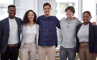 Buy stock photo Smile, collaboration and portrait of business people in office for team building, diversity and bonding. Happy, startup and group of professional creative designers embracing together in workplace.