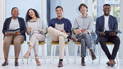 Buy stock photo Diversity, portrait of businesspeople sitting and happy waiting in a office at their workplace. Multicultural or corporate, collaboration and smiling colleagues sit on chairs in a boardroom at work