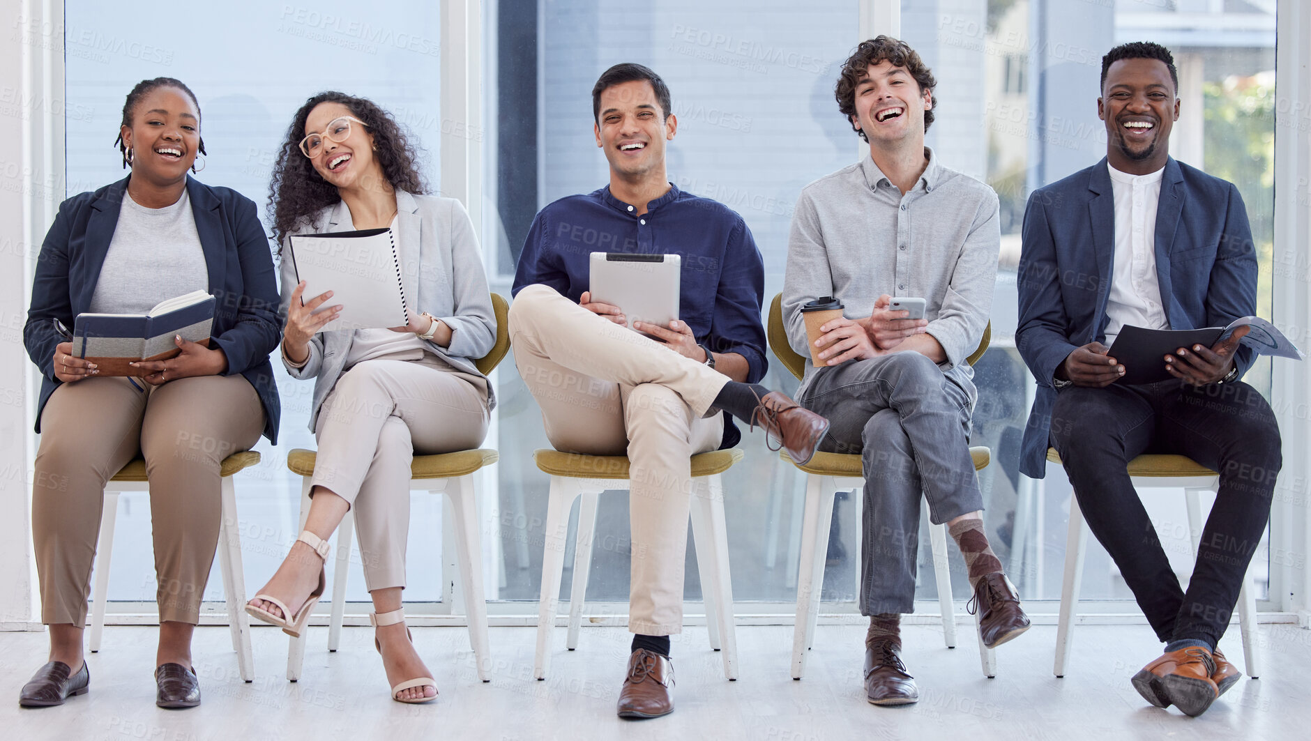 Buy stock photo Diversity, portrait of businesspeople sitting and happy waiting in a office at their workplace. Multicultural or corporate, collaboration and smiling colleagues sit on chairs in a boardroom at work