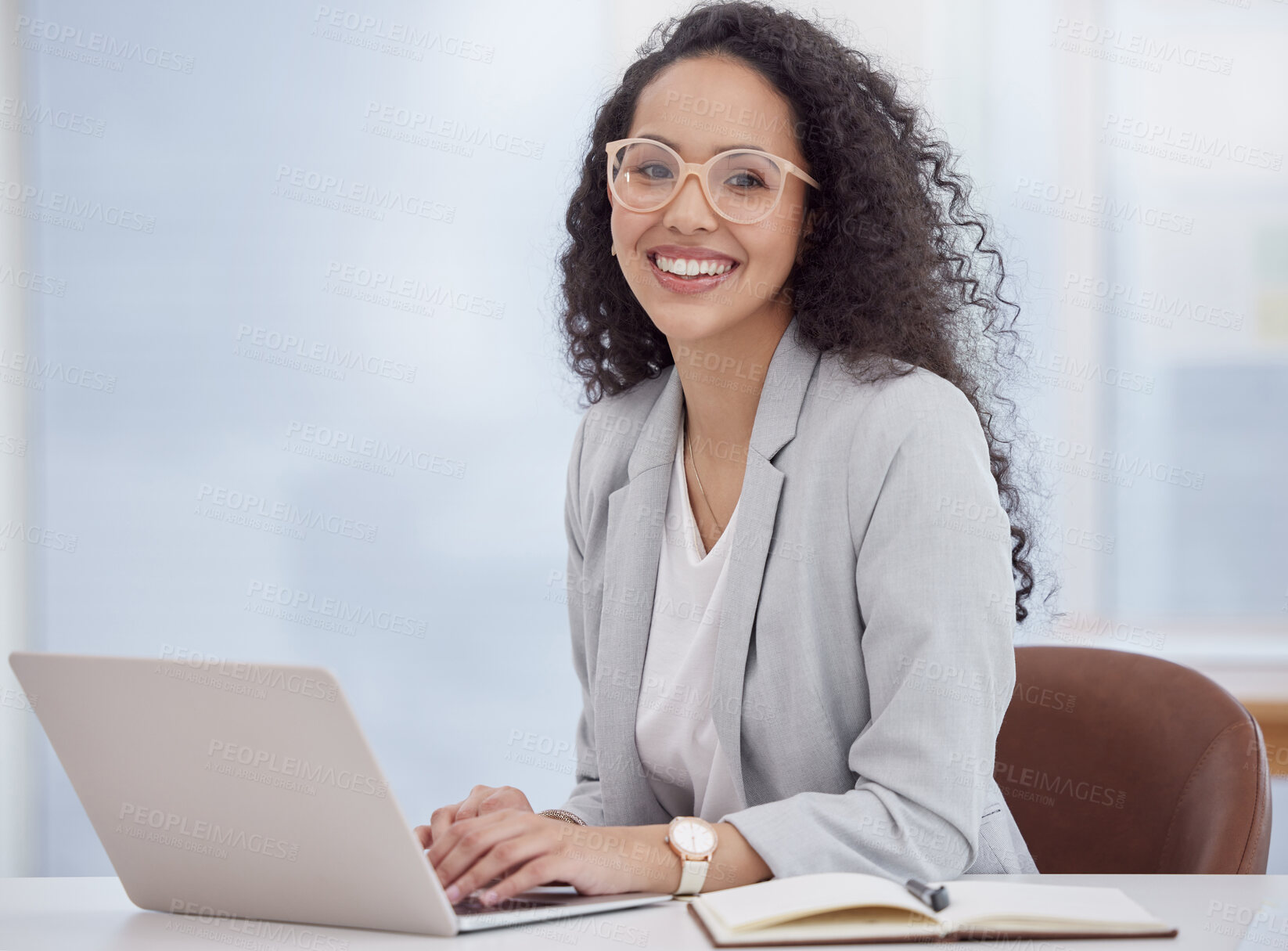 Buy stock photo Office, business woman and laptop in portrait for research, typing story or information. Career, female journalist or content writer with computer for online article, copywriting or editing with tech