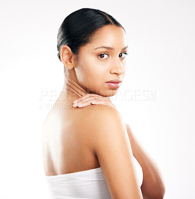 Buy stock photo Portrait, makeup and skincare with back of woman in studio for self care, cosmetics and soft skin on white background. Dermatology, beauty and girl with shoulder for wellness, treatment and luxury