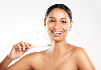 Buy stock photo Happy woman, portrait and toothbrush for teeth, dental or clean hygiene against a white studio background. Female person or model with tooth brush and smile in oral, mouth or gum care on mockup space