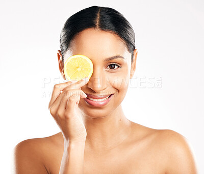 Buy stock photo Happy woman, portrait and face with lemon for vitamin C, diet or skincare against a white studio background. Female person smile with citrus fruit for healthy nutrition, natural collagen or facial