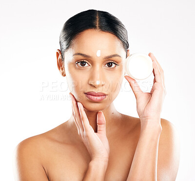 Buy stock photo Woman, portrait and cream for skincare, beauty or cosmetics against a white studio background. Face of female person or model with product, lotion or skin creme in dermatology for facial treatment