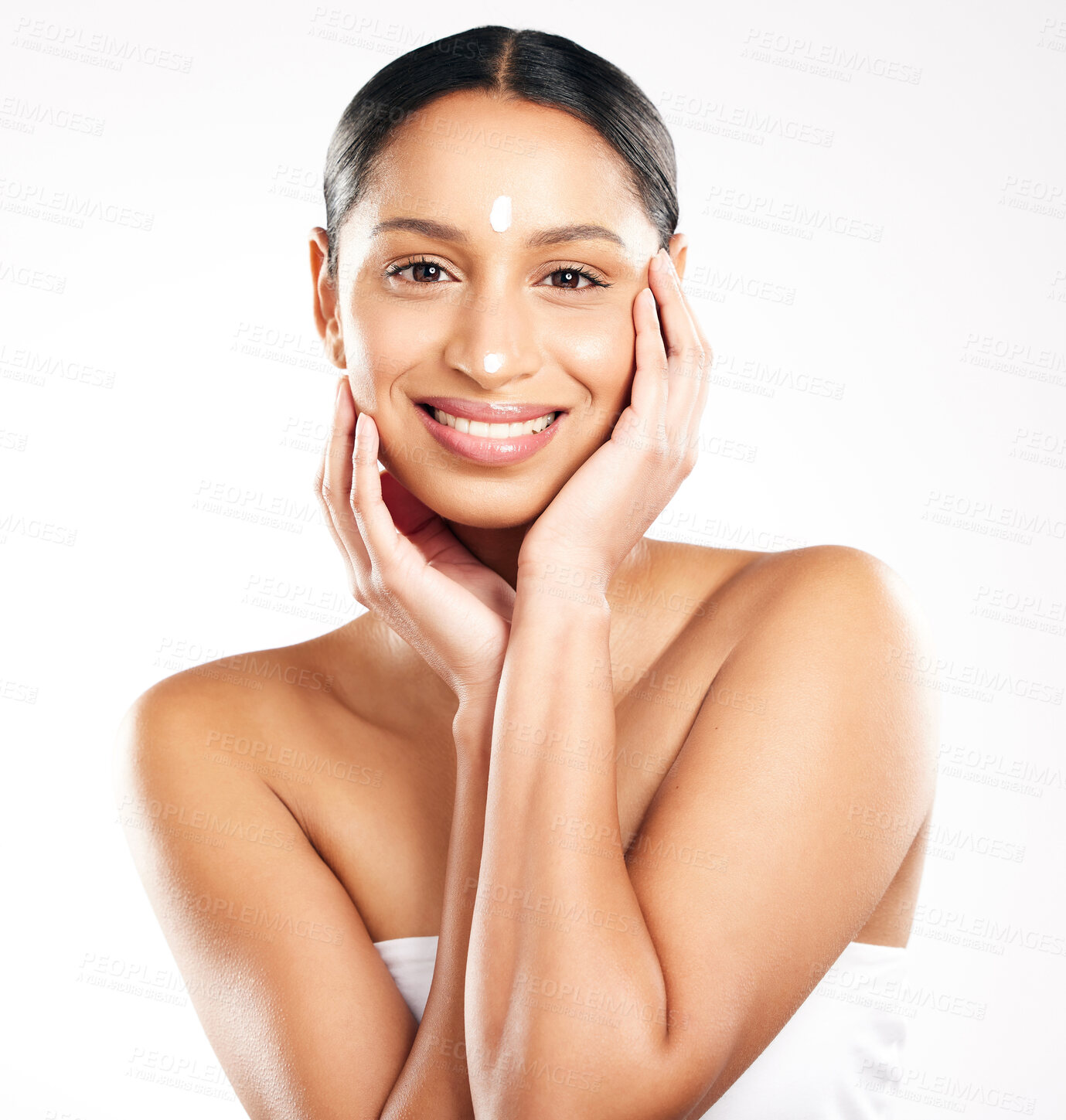 Buy stock photo Happy woman, portrait and cream for skincare, beauty or cosmetics against a white studio background. Female person with smile for product, lotion or skin creme in dermatology for facial treatment