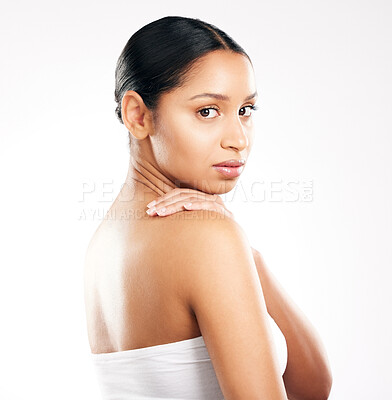 Buy stock photo Makeup, portrait and skincare with back of woman in studio for self care, cosmetics and soft skin on white background. Dermatology, beauty and girl with shoulder for wellness, treatment and luxury