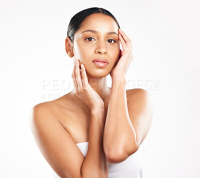 Buy stock photo Cosmetics, woman and portrait in studio for dermatology, skincare and glow with hands on white background. Beauty, face and shine for wellness, collagen and benefits or results with confidence 