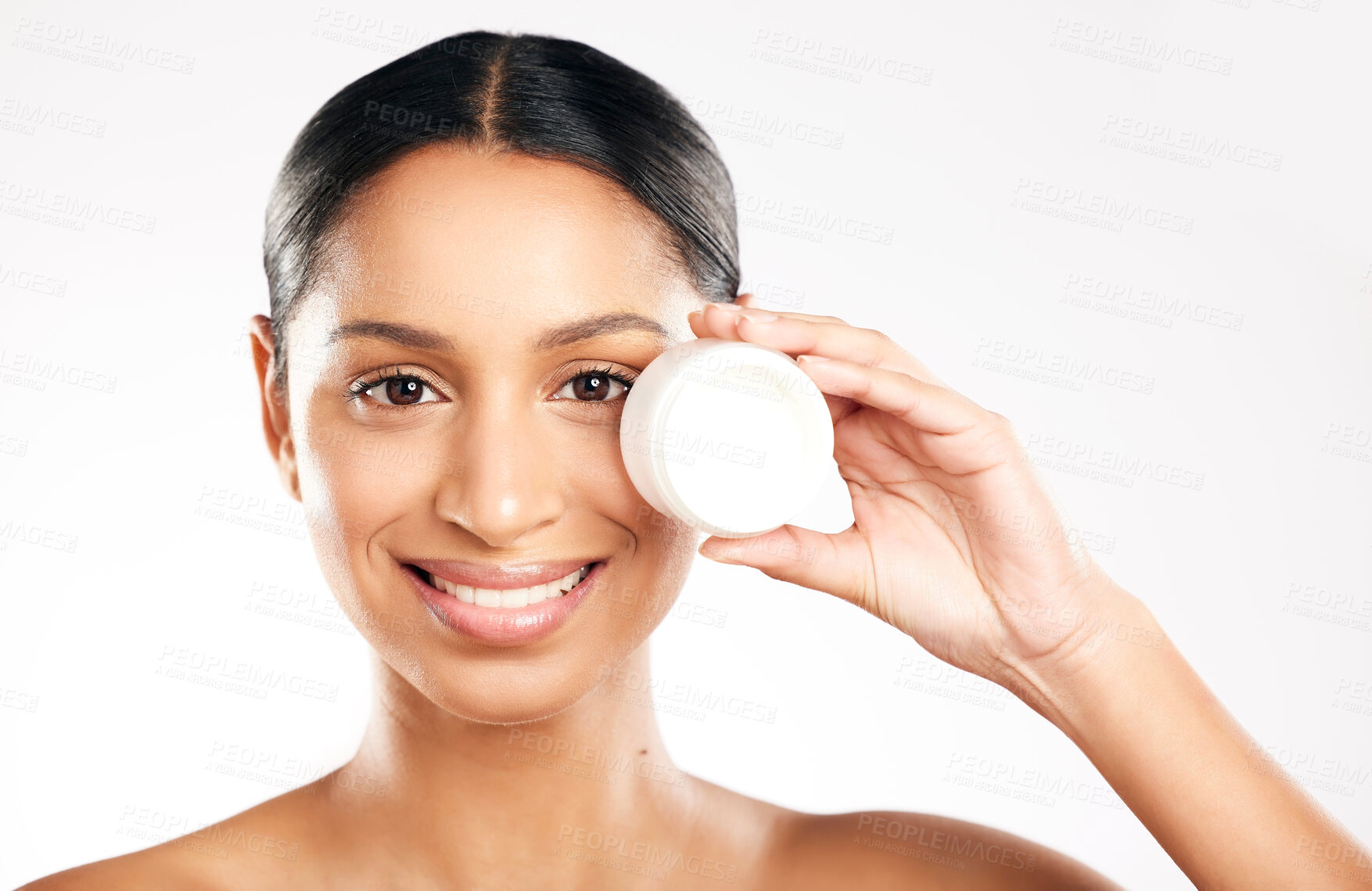 Buy stock photo Happy woman, portrait and face cream for skincare, cosmetics or beauty against a white studio background. Female person with container, product or lotion and smile for dermatology or facial treatment