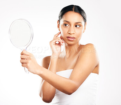 Buy stock photo Woman, skincare or mirror to check acne in studio for glow, cosmetics or shine on white background. Girl, person or model with facial skin, beauty or results with reflection, dermatology or aesthetic