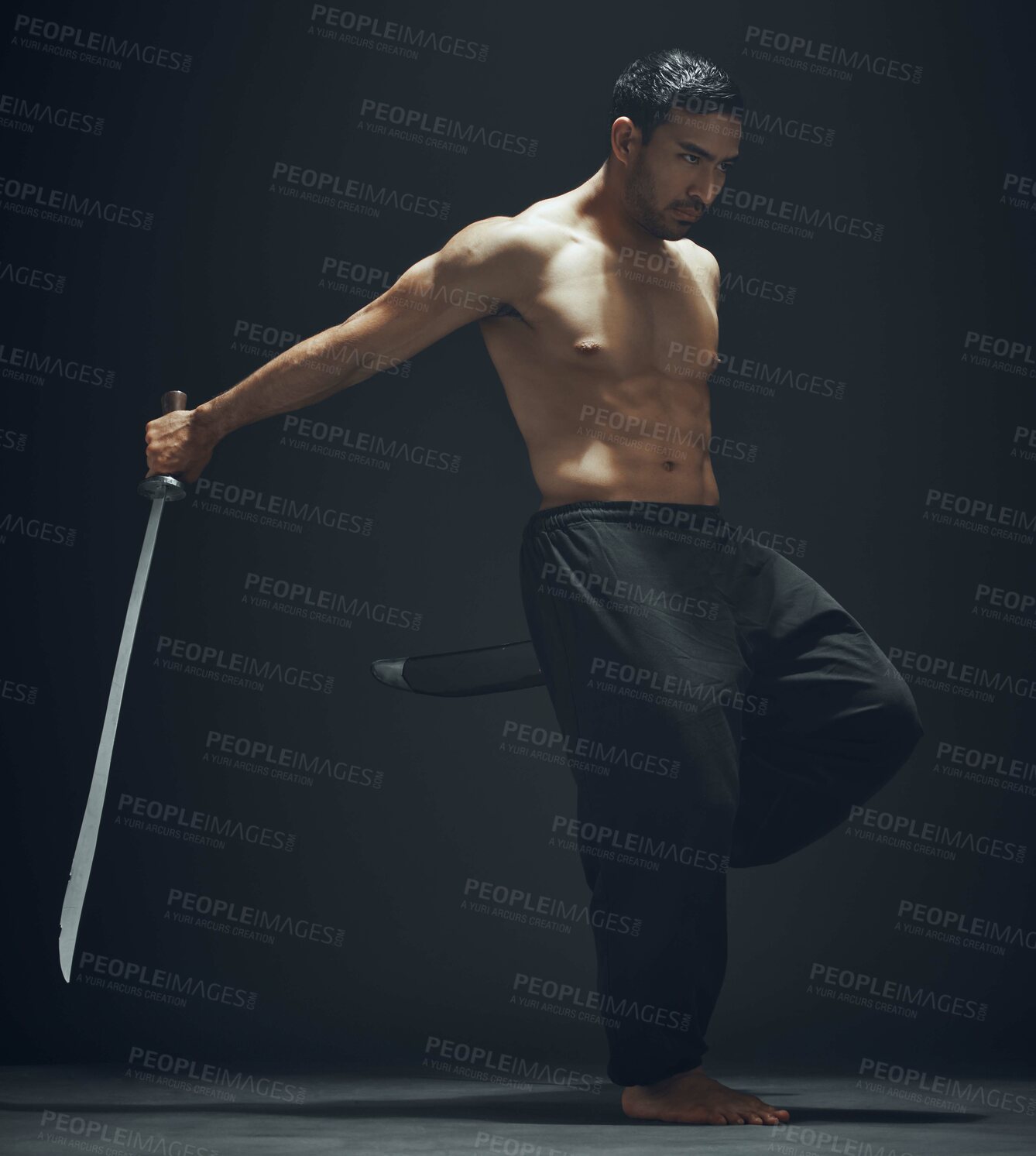 Buy stock photo Sword, martial arts and topless man in studio for aikido, exercise and fitness with samurai or ninja. Blade, wellness and warrior by black background for karate, fight and battle for dojo in Japan  