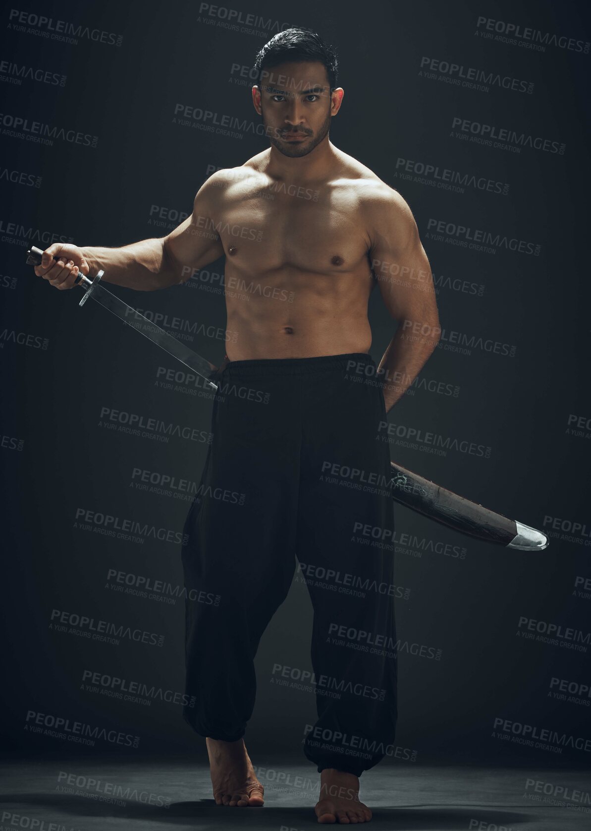 Buy stock photo Ninja, portrait and samurai blade in studio for training, battle and fitness with martial arts and pride. Sword, wellness and Asian man or warrior by black background for karate or fight for dojo  