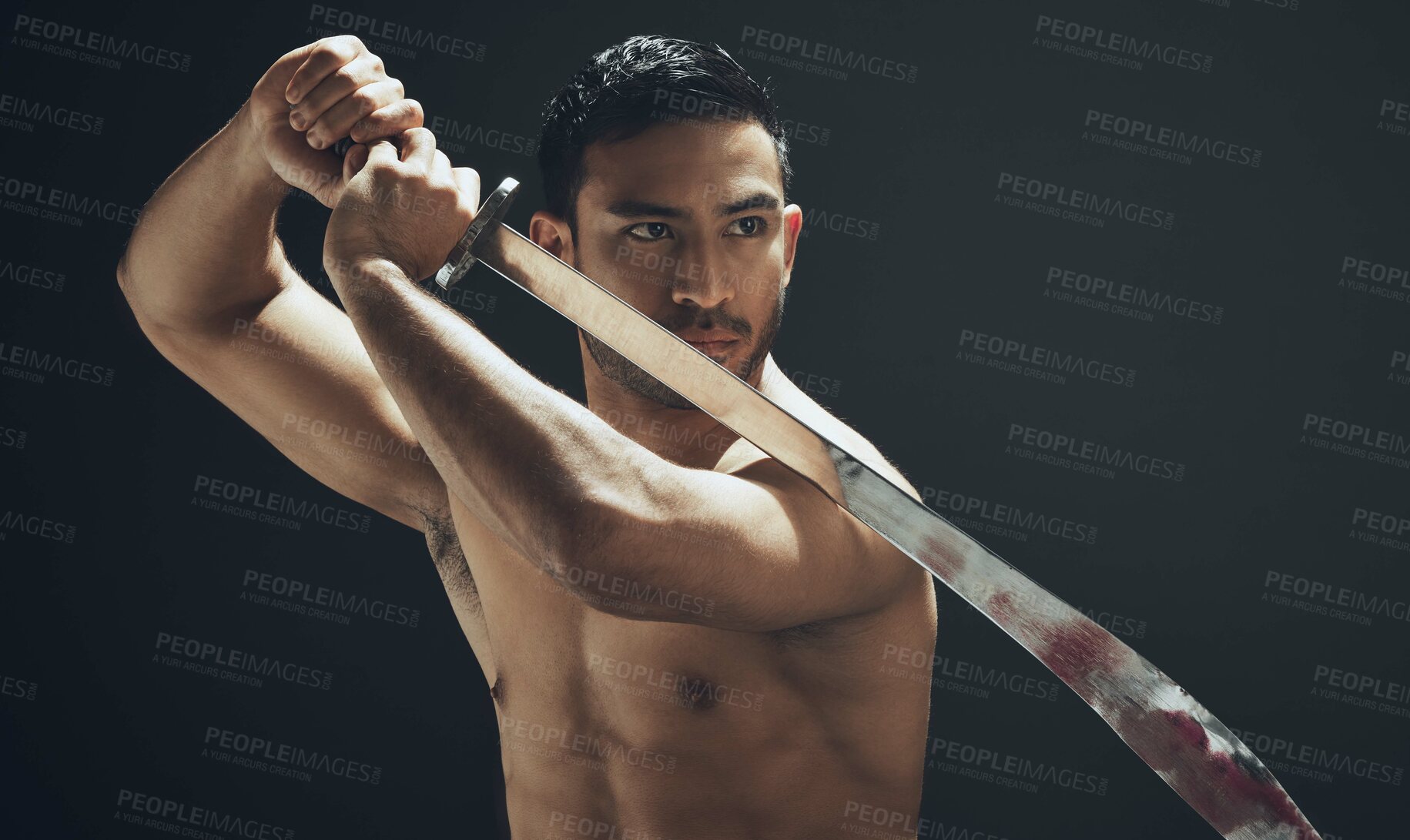 Buy stock photo Martial arts, man and sword for training, weapon and self defense on dark studio background. Person, model or expert with balance, talent or challenge with exercise, attack or blade for discipline