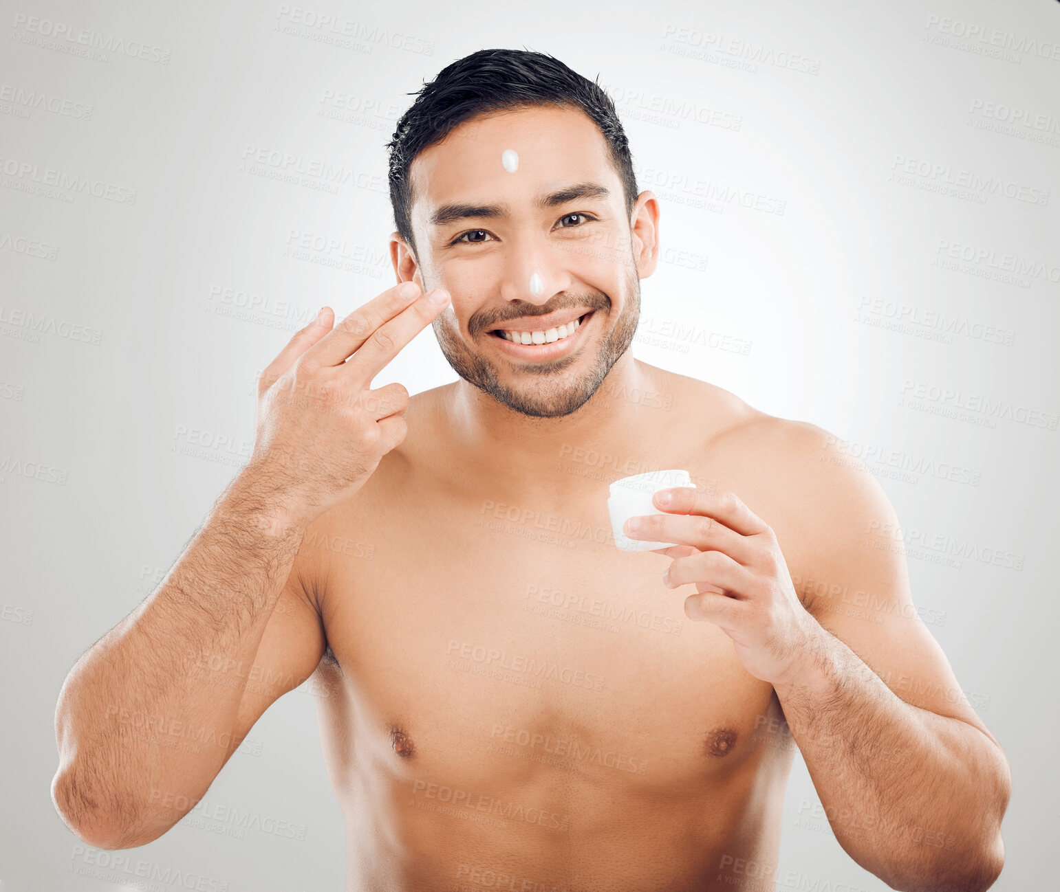 Buy stock photo Man, portrait and cream jar in studio for skincare application, moisturizer and white background. Male person, container and lotion pot for beauty or hydrated skin, ointment and sunscreen for facial