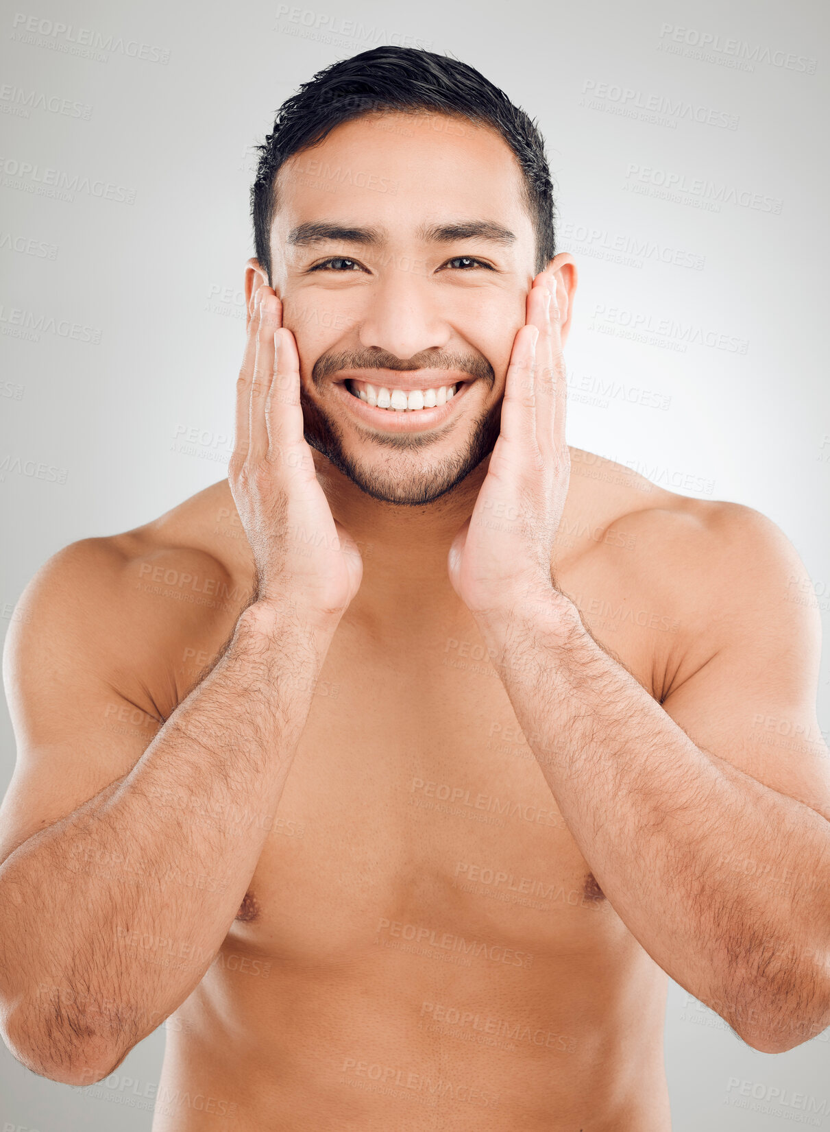 Buy stock photo Man, hands and portrait of skincare in studio with morning routine for hygiene, wellness or natural treatment on white background. Grooming, body and model for confidence, facial or satisfaction