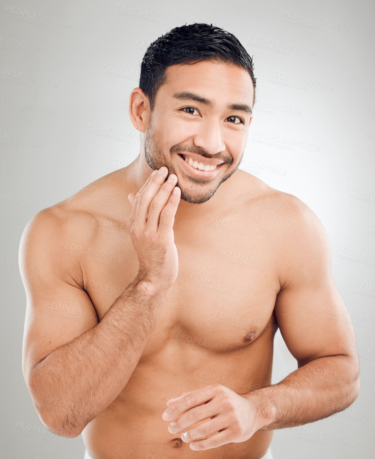 Buy stock photo Happy man, hand and portrait of grooming in studio for morning routine, wellness or natural treatment on white background. Skincare, body and model with smile for confidence, facial or satisfaction