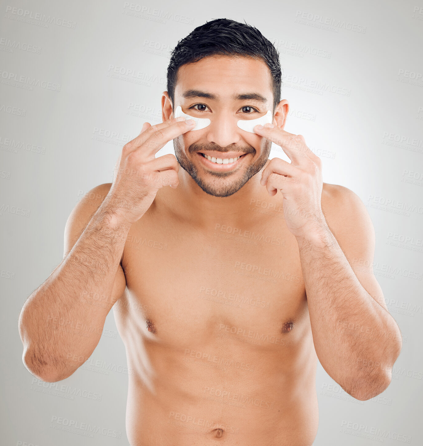 Buy stock photo Man, portrait and eye mask in studio or patches, facial treatment and hydration on white background. Male person, skincare and beauty product for moisture, vitamin e and pads to pamper or cosmetics