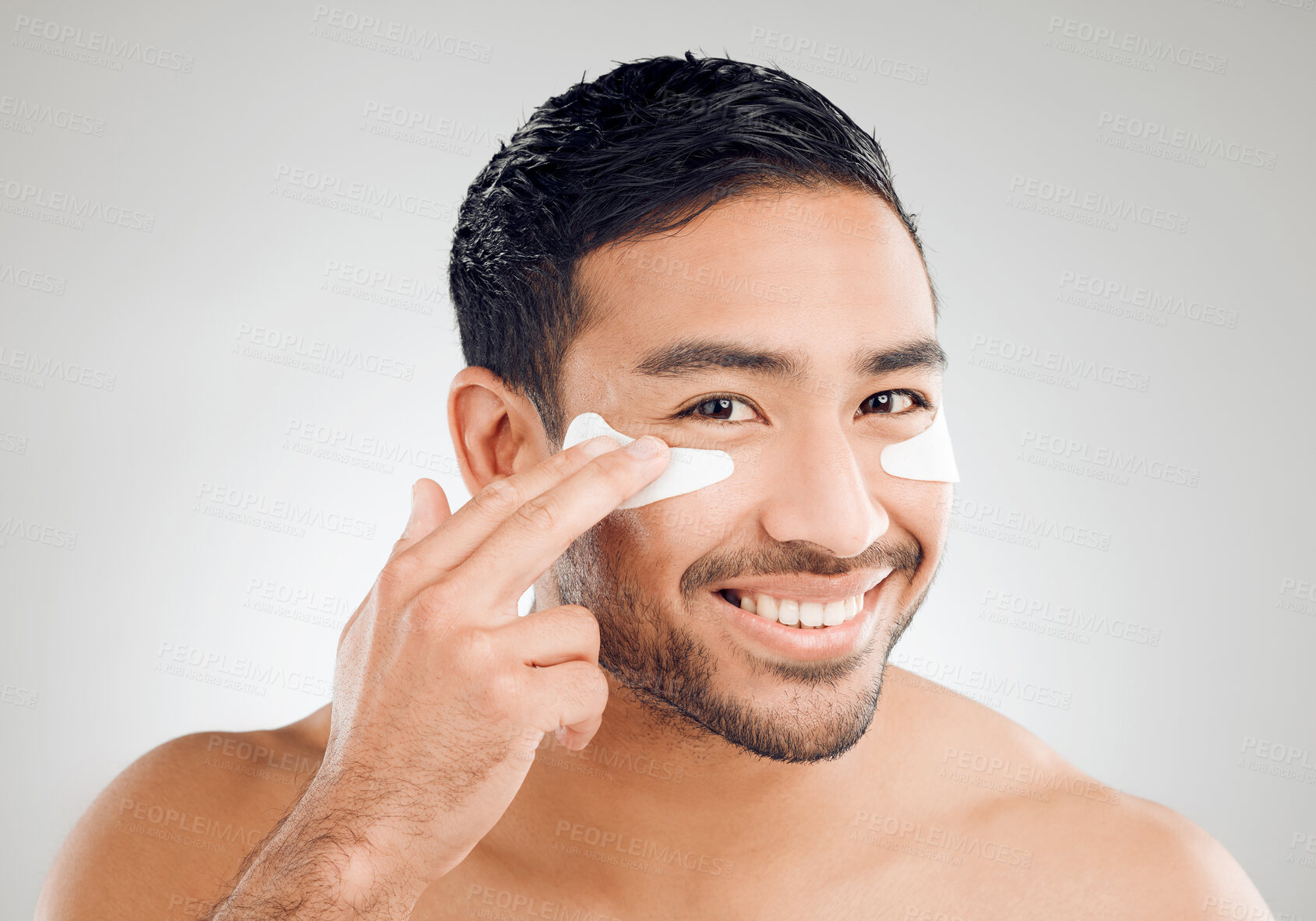 Buy stock photo Portrait, man and collagen patches for beauty, anti aging and grooming with dermatology on white background. Male person, cosmetic and skincare for eyes in studio backdrop for wellness or glow
