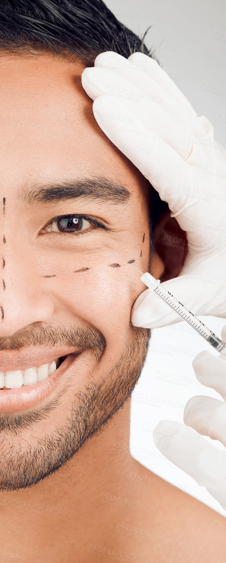 Buy stock photo Man, hand and drawing marks on facial for plastic surgery, rhinoplasty and cosmetic procedure in studio. Male person, surgeon and needle or syringe placement for facelift, nose job and blepharoplasty