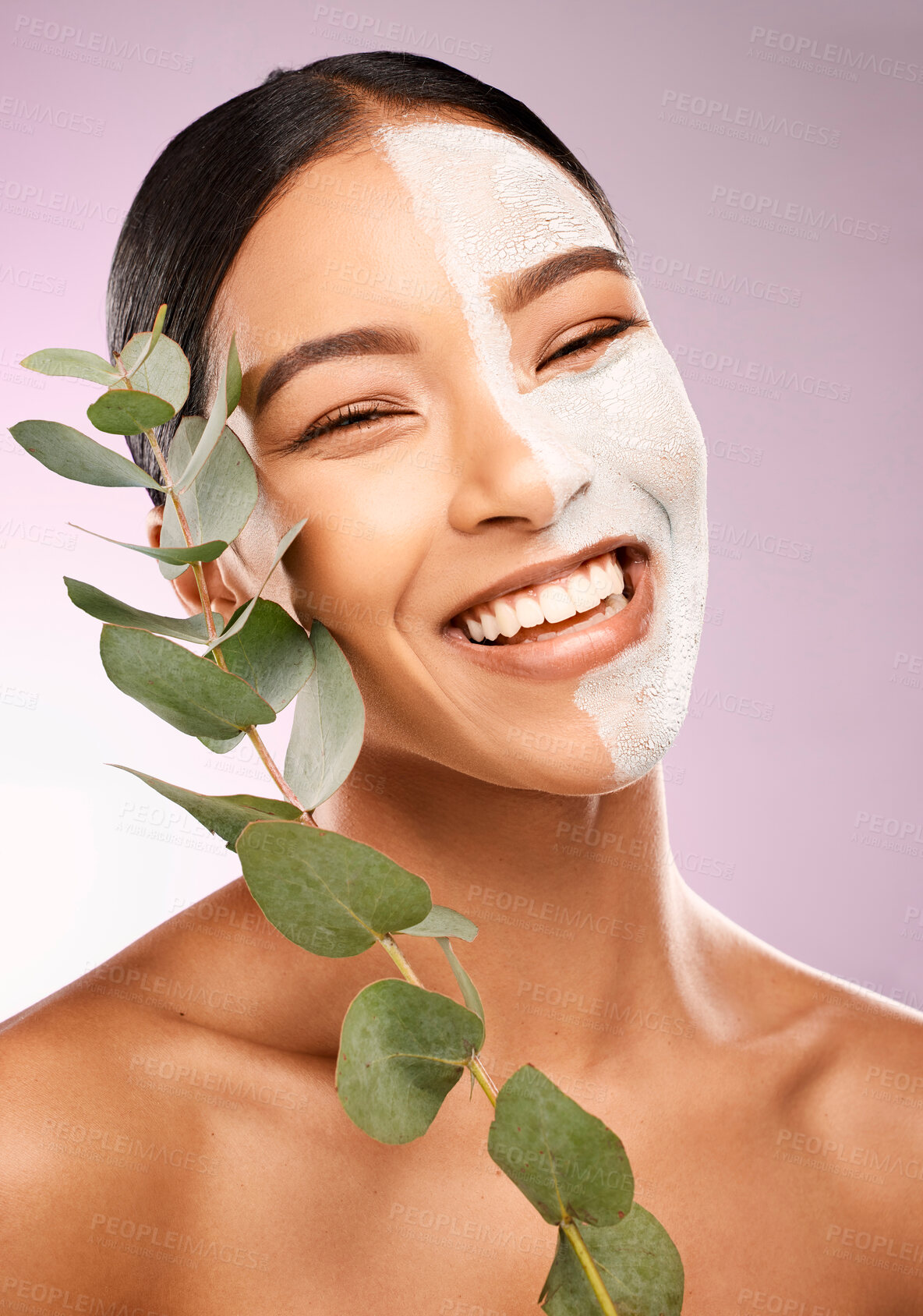 Buy stock photo Woman, face mask and leaves in studio portrait, vegan and organic skincare on pink background. Female person, plant and half for comparison results, eco friendly cosmetics and beauty or dermatology