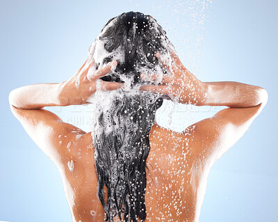 Buy stock photo Studio shot of an attractive young woman washing her hair while taking a shower against a blue background