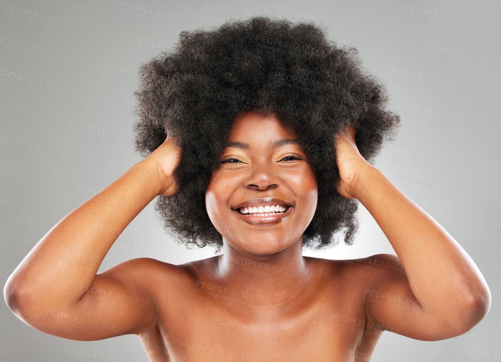 Buy stock photo Afro, black woman and studio portrait for hair care, texture and glow or shine for transformation. Happy, model girl and beauty, wellness and growth for cosmetics and results by grey background