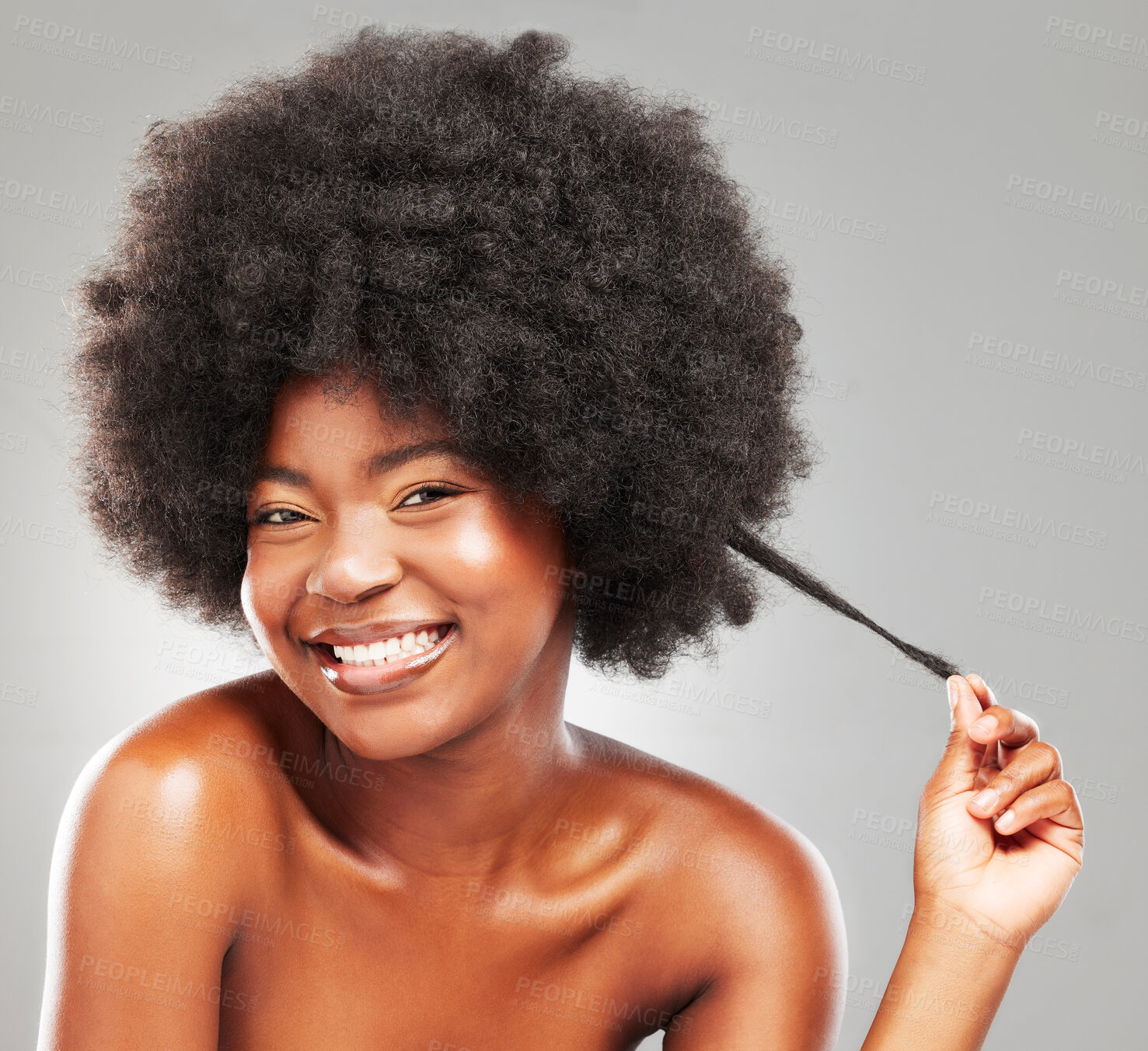 Buy stock photo Afro, black woman and studio portrait for hair care, texture and glow or shine for transformation. Happy, model girl and beauty, wellness and growth for cosmetics and results by grey background