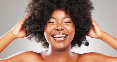 Buy stock photo Portrait, happy and black woman in studio for hair care, texture and glow or shine for transformation. Smile, model girl and beauty, wellness and growth for cosmetics and results by white background