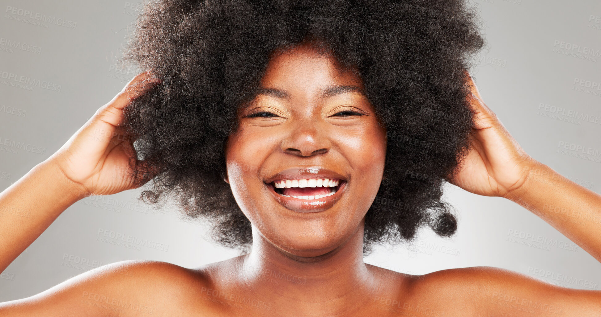 Buy stock photo Portrait, happy and black woman in studio for hair care, texture and glow or shine for transformation. Smile, model girl and beauty, wellness and growth for cosmetics and results by white background