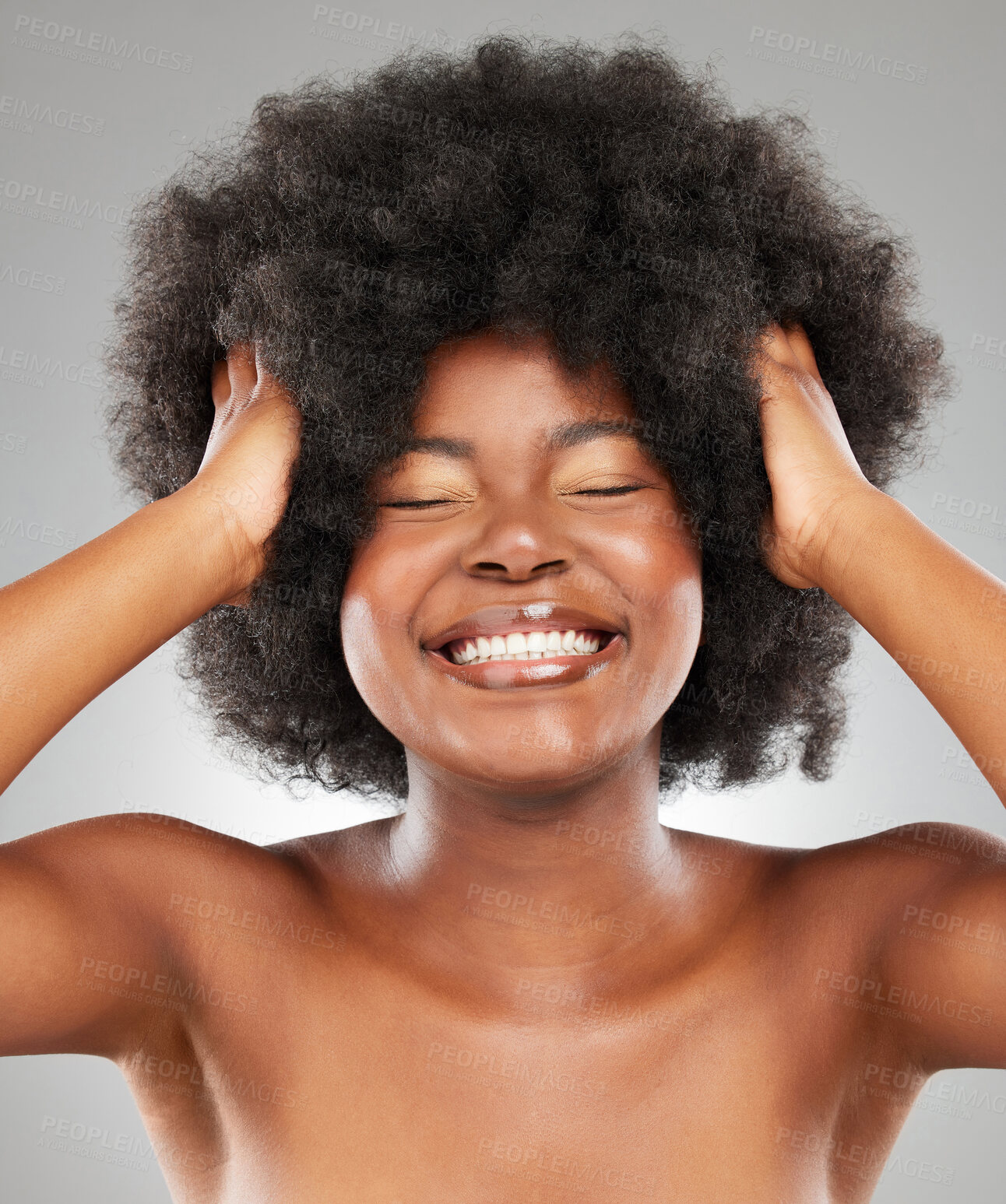 Buy stock photo Model girl, happy and hair care in studio for afro, texture and transformation for glow or shine. Smile, black woman and beauty, wellness and growth for cosmetics and results by grey background