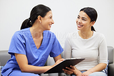 Buy stock photo Clipboard, nurse and woman advice in clinic office, healthcare service and talking, question or consultation. Consulting, checklist and doctor, women or happy people, medical help or insurance survey
