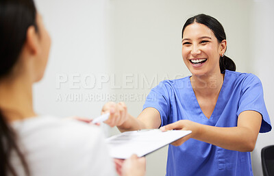 Buy stock photo Documents, happy and a nurse helping a patient in the hospital during an appointment or checkup. Insurance form, smile and a medical assistant at a health clinic to help with check in or sign up