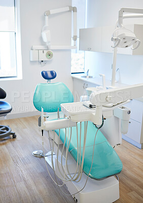 Buy stock photo Empty, dentist and office for medical wellness, furniture for oral healthcare with machine. Workplace, dental and consulting room with tools for teeth, professional cleaning or service for mouth