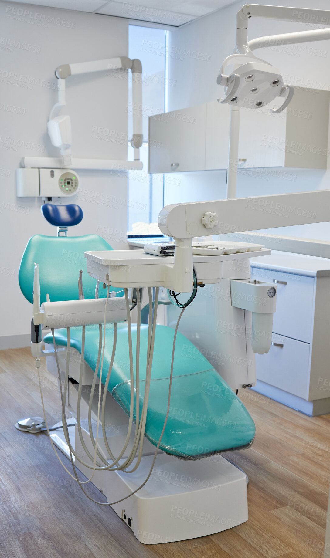 Buy stock photo Empty, dental and office for medical wellness, furniture for oral healthcare with machine. Workplace, dentist and consulting room with tools for teeth, professional cleaning or service for mouth