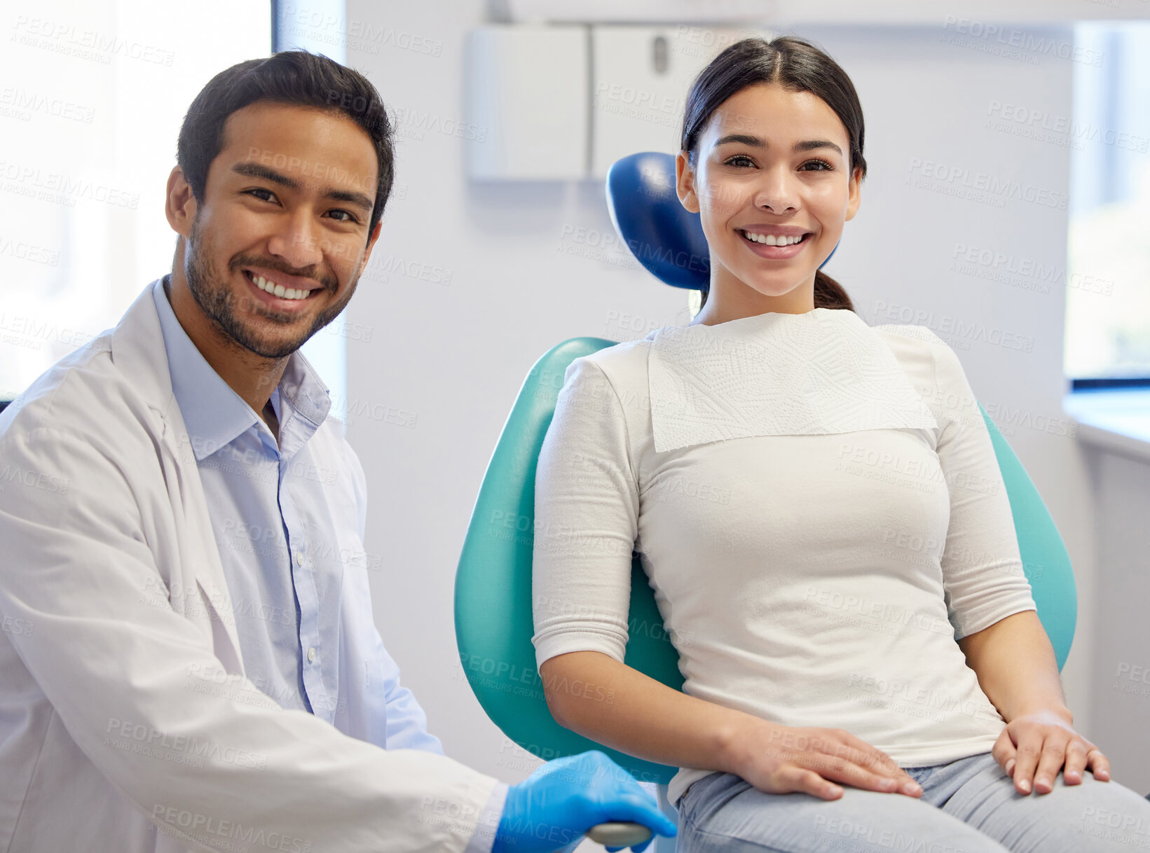 Buy stock photo Portrait, dentist and patient in clinic for consultation, oral hygiene or medical procedure. Service, examination and doctor man with happy client for teeth whitening, orthodontics or dental care