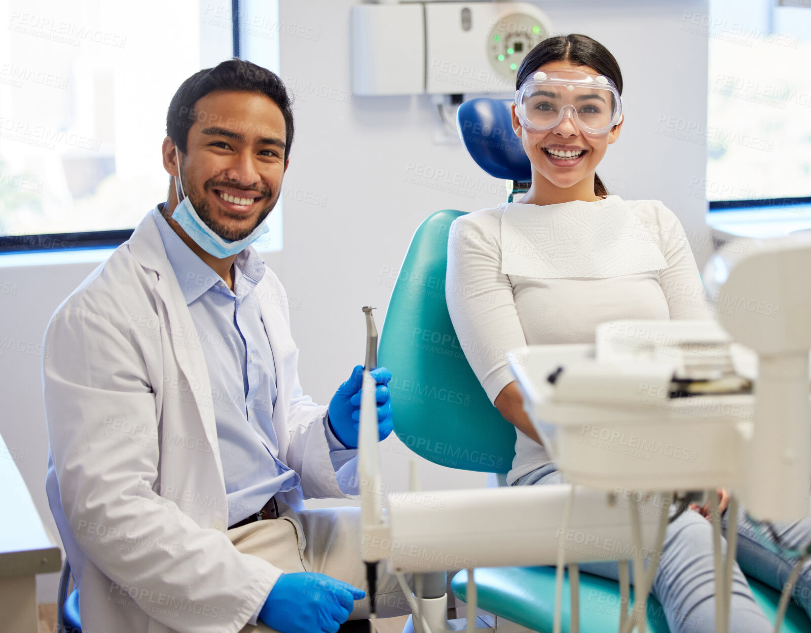 Buy stock photo Portrait, dentist and patient in hospital with glasses for consultation, oral hygiene or medical procedure. Service, clean and doctor man with client for teeth whitening, orthodontics or dental care