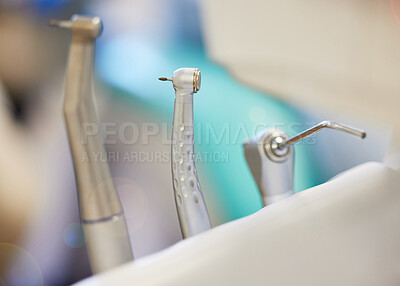 Buy stock photo Closeup, steel and dental tools for healthcare with excavator and instrument layout for teeth cleaning. Oral hygiene, dentistry equipment and setup for tooth wellness, mouth procedure and treatment