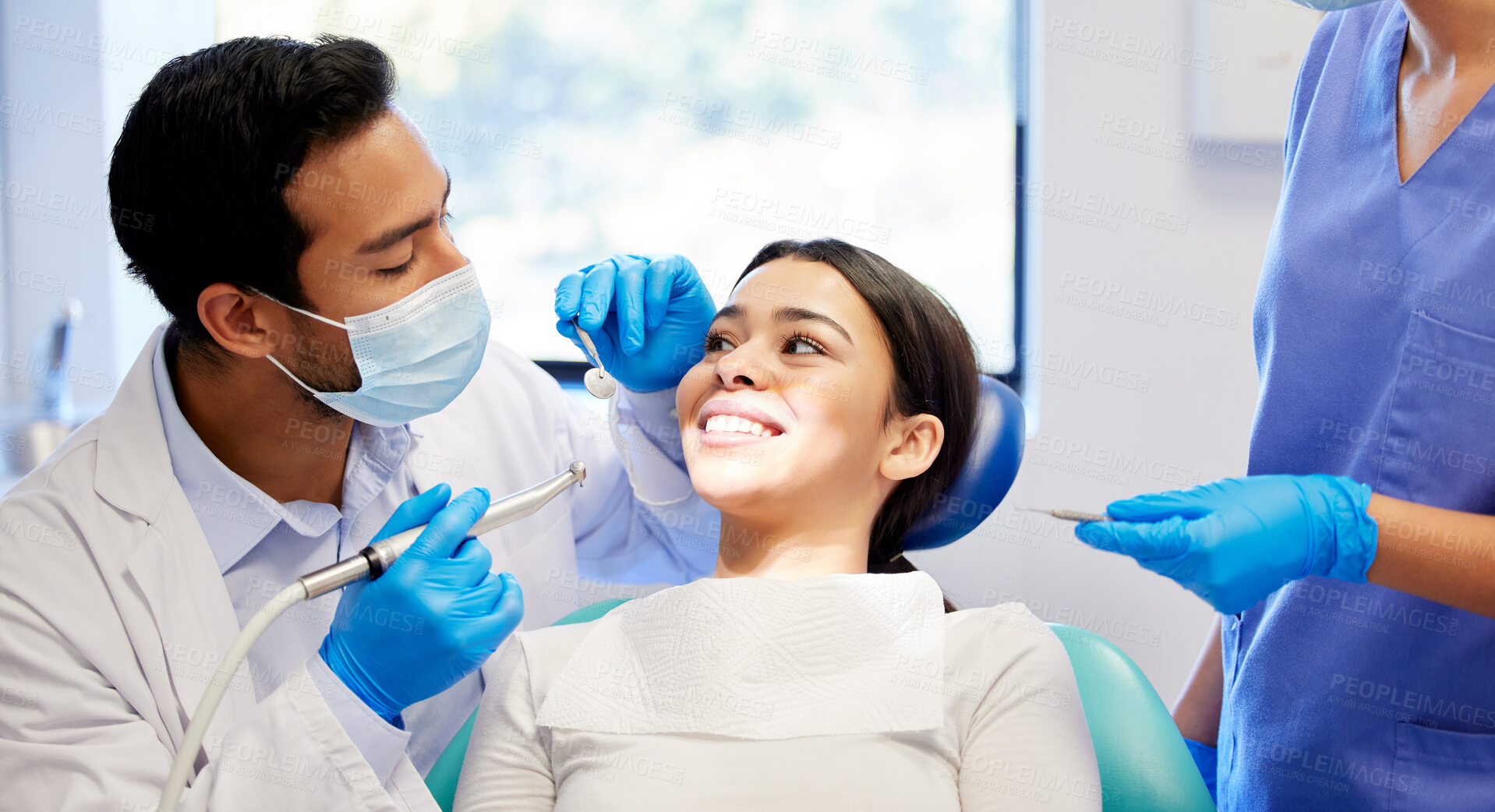 Buy stock photo Oral care, dentist and procedure with patient for health, wellness and teeth whitening in practice. Happy woman, ppe and dental specialist with tools for consultation, cleaning and filling on chair