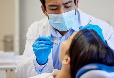 Buy stock photo Patient, woman and dentist with mouth for consultation, oral hygiene and examination for tooth cavity or cleaning. Male doctor, client and dental care for teeth whitening, treatment and assessment.