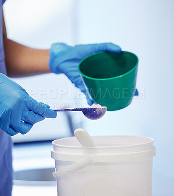 Buy stock photo Dentist, person and hands for powder in procedure, mixture and prepare plaster for prosthetic. Flour, mould and assistant for dental implant or denture, orthodontics and material for repair treatment